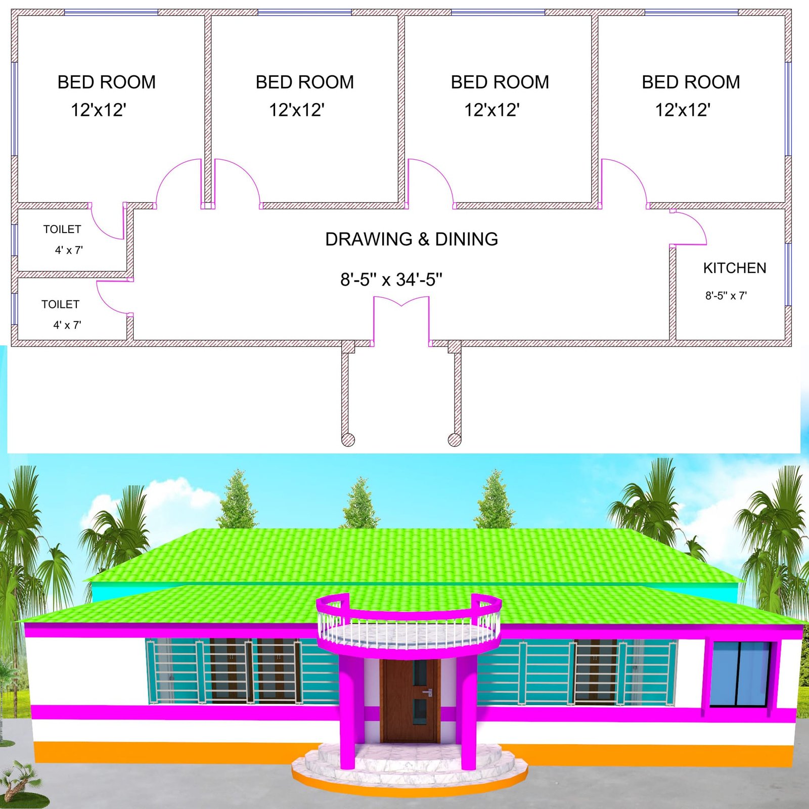 4 bedroom simple house plans - টিনের ঘরের ডিজাইন চার রুম