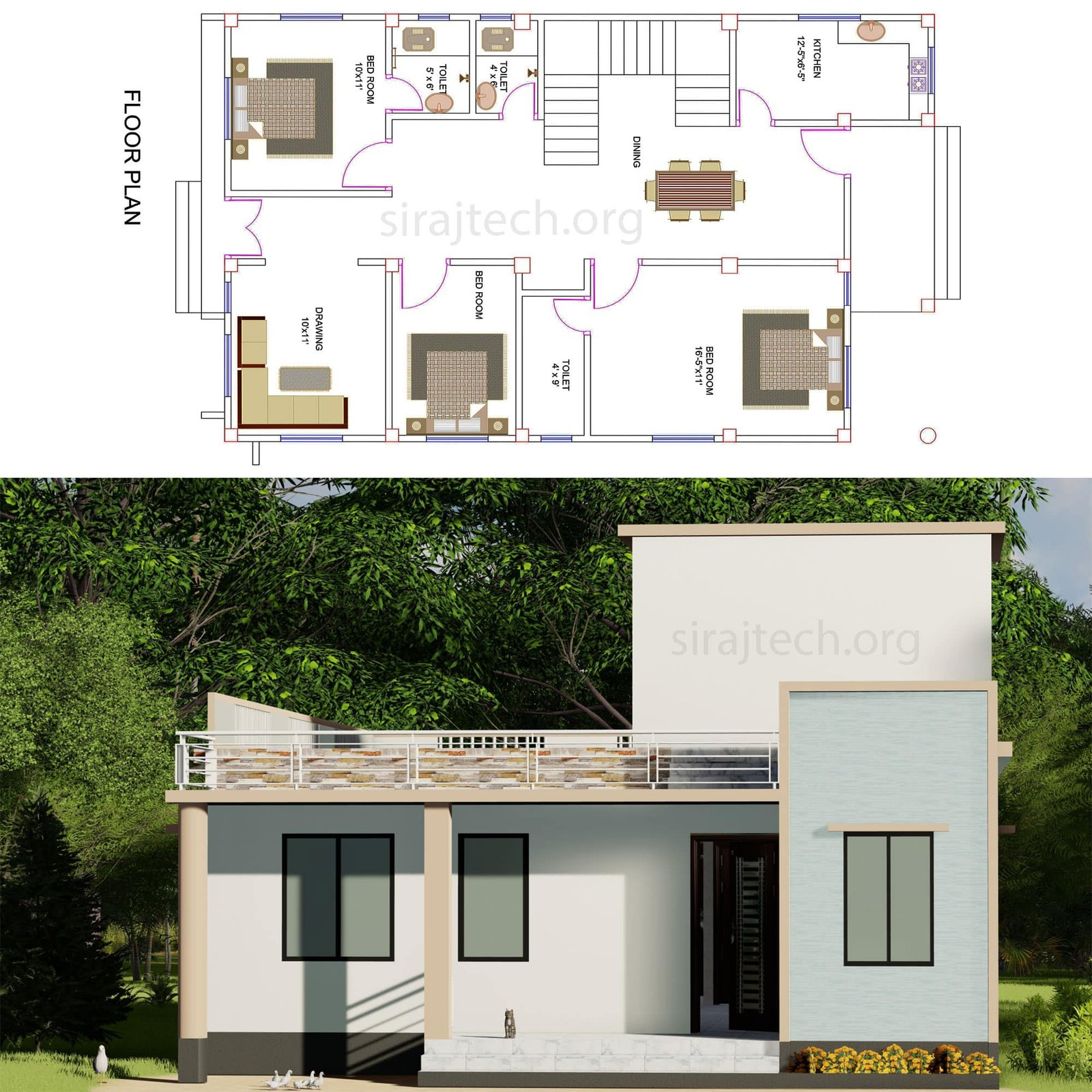 3bhk single floor house plan - কম খরচে গ্রামের বাড়ির ডিজাইন